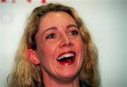 7 August 1998; Michelle Smith de Bruin reacts to a question about her marriage during a press conference at Lennon Heather & Company Solicitors in Dublin. Photo by David Maher/Sportsfile
