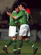 9 February 1999; Neal Fenn, 9, is congratulated by his Republic of Ireland B team-mate Daryl Clare after scoring during the Representative Match between Republic of Ireland B and National League XI at the Carlisle Grounds in Bray, Wicklow. Photo by Matt Browne/Sportsfile