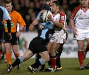 4 March 2005; Kieran Campbell, Ulster, is tackled by Graeme Beveridge, Glasgow Rugby. Celtic League 2004-2005, Pool 1, Ulster v Glasgow Rugby, Ravenhill, Belfast. Picture credit; Matt Browne / SPORTSFILE