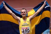 6 March 2005; Sweden's Stefan Holm celebrates after winning the Men's High Jump event. 28th European Indoor Championships, The Palacio de Deportes Comunidad de Madrid indoor hall, Madrid, Spain. Picture credit; Pat Murphy / SPORTSFILE