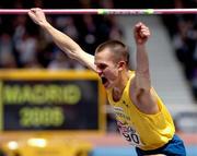 6 March 2005; Sweden's Stefan Holm celebrates after clearing the bar in his final jump during the Men's High Jump event. 28th European Indoor Championships, The Palacio de Deportes Comunidad de Madrid indoor hall, Madrid, Spain. Picture credit; Pat Murphy / SPORTSFILE