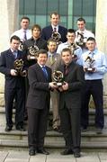 7 March 2005; Recipients of AIB Provincial Player of the Year awards are, back from left, Jim Connolly (Ulster Hurling), Joe Rabbitte (Connacht Hurling) and Eoin Larkin (Leinster Hurling). Centre, from left, Dara Clarke, standing in for club-mate Enda Devenney (Connacht Football), Colm Parkinson (Leinster Football) Sean Kelly, President of the GAA, Johnny Murtagh (Ulster Football) and John Daly (Munster Football). Front, from left, Billy Finn of AIB and Ken McGrath (Munster Hurling). AIB Provincial Player of the Year Awards, AIB International centre, IFSC, Dublin. Picture credit; Brendan Moran / SPORTSFILE