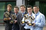 7 March 2005; Football Recipients of AIB Provincial Player of the Year awards are, from left, Colm Parkinson (Leinster Football), Dara Clarke standing in for club-mate Enda Devenney (Connacht Football), Billy Finn of AIB, Johnny Murtagh, (Ulster Football) and John Daly (Munster Football) . AIB Provincial Player of the Year Awards, AIB International centre, IFSC, Dublin. Picture credit; Brendan Moran / SPORTSFILE