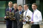 7 March 2005; Hurling Recipients of AIB Provincial Player of the Year awards are, from left, Joe Rabbitte (Connacht Hurling), Ken McGrath (Munster Hurling), Billy Finn of AIB, Eoin Larkin (Leinster Hurling) and Jim Connolly (Ulster Hurling). AIB Provincial Player of the Year Awards, AIB International centre, IFSC, Dublin. Picture credit; Brendan Moran / SPORTSFILE