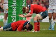 8 December 2013; James Coughlan, Munster, is congratulated by team-mate Sean Dougall after scoring his side's fifth try. Heineken Cup 2013/14, Pool 6, Round 3, Munster v Perpignan, Thomond Park, Limerick. Picture credit: Diarmuid Greene / SPORTSFILE