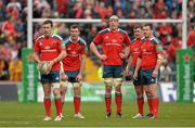 8 December 2013; Munster players, from right to left, Damien Varley, Dave Kilcoyne, Paul O'Connell and Peter O'Mahony look on as JJ Hanrahan looks to kick for touch. Heineken Cup 2013/14, Pool 6, Round 3, Munster v Perpignan, Thomond Park, Limerick. Picture credit: Diarmuid Greene / SPORTSFILE
