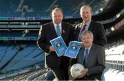 9 December 2013; Uachtarán Chumann Lúthchleas Gael Liam Ó Néill, left, and Ard Stiúrthoir Paraic Duffy with Football Review Committee Chairman Eugene McGee at the launch of the Second Report of the Football Review Committee. Croke Park, Dublin. Photo by Sportsfile