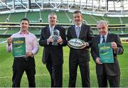 9 December 2013; IRFU President Pat Fitzgerald, right, at the launch of the IRFU's Guide to Concussion in Rugby Union with, from left, Simon Keogh, IRUPA, Operations/Legal Manager, Dr. Rod McLoughlin, IRFU, and Dr. Garrett Coughlan, IRFU. Aviva Stadium, Lansdowne Road, Dublin. Picture credit: Piaras Ó Mídheach / SPORTSFILE