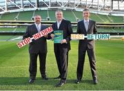 9 December 2013; IRFU's Dr. Rod McLoughlin, centre, Shane Moore, left, and Dr. Garrett Coughlan at the launch of the IRFU's Guide to Concussion in Rugby Union. Aviva Stadium, Lansdowne Road, Dublin. Picture credit: Piaras Ó Mídheach / SPORTSFILE