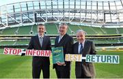 9 December 2013; IRFU President Pat Fitzgerald, right, at the launch of the IRFU's Guide to Concussion in Rugby Union with Dr. Garrett Coughlan, IRFU, left, and Dr. Rod McLoughlin, IRFU. Aviva Stadium, Lansdowne Road, Dublin. Picture credit: Piaras Ó Mídheach / SPORTSFILE