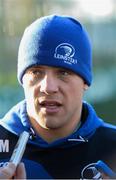 9 December 2013; Leinster's Ian Madigan speaking to media before squad training ahead of their Heineken Cup 2013/14, Pool 1, Round 4, match against Northampton on Saturday. Leinster Rugby Squad Training & Press Briefing, UCD, Belfield, Dublin. Picture credit: Stephen McCarthy / SPORTSFILE