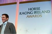 9 December 2013; Jockey Johnny Murtagh after been presented with his Flat Award. Horse Racing Ireland Awards, The Pavilion, Leopardstown Racecourse, Leopardstown, Co. Dublin. Picture credit: David Maher / SPORTSFILE