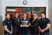 9 December 2013; Eddie Evans, Partner & Head of Sport Law, Beauchamps, second from left, and, John White, Managing Partner, Beauchamps, second from right, with Leinster players, from left to right, Isaac Boss, Ian Madigan and Martin Moore in attendance at the Beauchamps Leinster Schools Cup Draw. Beauchamps Solicitors, Riverside Two, Sir John Rogerson's Quay, Dublin. Picture credit: Stephen McCarthy / SPORTSFILE