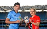 10 December 2013; Dublin footballer Cian O'Sullivan and Valerie Mulcahy, Cork, with the OPROshield mouthguard at the launch of the partnership between the GAA / GPA and OPRO. GAA / GPA OPRO Mouthguard Partnership Launch. Croke Park, Dublin. Picture credit: Ramsey Cardy / SPORTSFILE