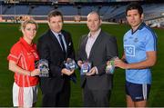 10 December 2013; Cork footballer Valerie Mulcahy and Dublin footballer Cian O'Sullivan with Dessie Farrell, CEO, GPA, left, and Richard Evans, Sales Director, OPRO, at the launch of the partnership between the GAA / GPA and OPRO. GAA / GPA OPRO Mouthguard Partnership Launch. Croke Park, Dublin. Picture credit: Ramsey Cardy / SPORTSFILE