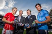 10 December 2013; Cork footballer Valerie Mulcahy and Dublin footballer Cian O'Sullivan with Richard Evans, Sales Director, OPRO, left, and Dessie Farrell, CEO, GPA, at the launch of the partnership between the GAA / GPA and OPRO. GAA / GPA OPRO Mouthguard Partnership Launch. Croke Park, Dublin. Picture credit: Ramsey Cardy / SPORTSFILE