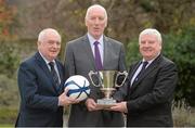 10 December 2013; The Irish Universities Football Union Centenary Collingwood Cup will be hosted by UCD AFC in 2014 and will take place from Tuesday 24th February to Friday 28th February at the UCD Campus, Belfield, Dublin. In attendance at the launch were, from left, Paddy McCaul, President of the FAI, Brian Mullins, Director of Sport, UCD and Terry McAuley, Chairman, IUFU. Newman House, Dublin. Picture credit: Brendan Moran / SPORTSFILE