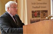 10 December 2013; The Irish Universities Football Union Centenary Collingwood Cup will be hosted by UCD AFC in 2014 and will take place from Tuesday 24th February to Friday 28th February at the UCD Campus, Belfield, Dublin. Speaking at the launch is Terry McAuley, Chairman, IUFU. Newman House, Dublin. Picture credit: Brendan Moran / SPORTSFILE