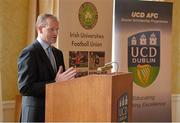 10 December 2013; The Irish Universities Football Union Centenary Collingwood Cup will be hosted by UCD AFC in 2014 and will take place from Tuesday 24th February to Friday 28th February at the UCD Campus, Belfield, Dublin. Speaking at the launch is Brendan Dillon, UCD AFC. Newman House, Dublin. Picture credit: Brendan Moran / SPORTSFILE