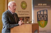 10 December 2013; The Irish Universities Football Union Centenary Collingwood Cup will be hosted by UCD AFC in 2014 and will take place from Tuesday 24th February to Friday 28th February at the UCD Campus, Belfield, Dublin. Speaking at the launch is Brian Mullins, Director of Sport, UCD. Newman House, Dublin. Picture credit: Brendan Moran / SPORTSFILE