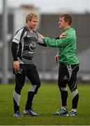 10 December 2013; Connacht's Paul O'Donohue, right, and Fionn Carr during squad training ahead of their Heineken Cup 2013/14, Pool 3, Round 4, game against Toulouse on Saturday. Connacht Rugby Squad Training & Press Conference, Sportsground, Galway. Picture credit: David Maher / SPORTSFILE