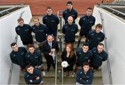 11 December 2013; In attendance at Croke Park where the draws for the 2013 Irish Daily Mail Higher Education GAA Championships were made are Sigerson footballers, back row, from left, Brian Menton, DIT,  Matthew Donnelly, UUJ, and Colm Begley, DCU. Third row, from left, Darren Wallace, IT Tralee, Graham Geraghty, IT Blanchardstown, Danny McBride, St. Marys Belfast, and Paddy Brophy, NUIM. Second row, from left, Jonathan Duane, GMIT, Stephen Coen, IT Sligo, Uachtarán Chumann Lúthchleas Gael Liam Ó Néill, Sinead Lambe, Marketing Manager, Irish Daily Mail, Mick O’Grady, Trinity, and Martin McElhinney, Queens. Front row, from left, Darren Hayden, IT Carlow, and Robbie Kiely, NUI Galway. The draws are available on www.he.gaa.ie. Croke Park, Dublin. Picture credit: Barry Cregg / SPORTSFILE