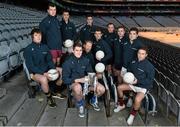 11 December 2013; In attendance at Croke Park, where the draws for the 2013 Irish Daily Mail Higher Education GAA Championships were made, are Sigerson footballers back row, from left, Darren Hayden, IT Carlow, Mick O’Grady, Trinity, and Martin McElhinney, Queens. Second row from left, Jonathan Duane, GMIT, Graham Geraghty, IT Blanchardstown, Colm Begley, DCU, Darren Wallace, IT Tralee, and Robbie Kiely, NUI Galway. Front row from left, Paddy Brophy, NUIM, Brian Menton, DIT, and Stephen Coen, IT Sligo. The draws are available on www.he.gaa.ie. Croke Park, Dublin. Picture credit: Barry Cregg / SPORTSFILE