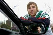 9 March 2005; Colm Parkinson, Portlaoise, and Brian Ruane, reflected in a car mirror, Ballina Stephenites, at a photocall in advance of the AIB All Ireland Club Championship finals to be held on St. Patrick's Day. The winning team in the Hurling and Football finals will each receive a Toyota Corolla as part of Toyota's role as &quot;Official Car Supplier to the GAA&quot;. Toyota Motor Centre, Ballsbridge, Dublin. Picture credit; David Maher / SPORTSFILE