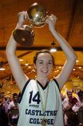 9 March 2005; Michelle Lenehan, Castletroy College Limerick, lifts the cup after victory over Our Lady St. Patrick's Belfast. Schools League Final, Senior A Girls, Castletroy College Limerick v Our Lady St. Patrick's Belfast, National Basketball Arena, Tallaght, Dublin. Picture credit; Pat Murphy / SPORTSFILE