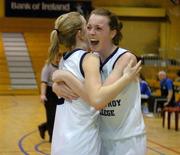 9 March 2005; Castletroy College, Limerick, team-mates Ciara Boomsman and Rebeka Lambe, left, celebrate victory. Schools League Final, Senior A Girls, Castletroy College Limerick v Our Lady St. Patrick's Belfast, National Basketball Arena, Tallaght, Dublin. Picture credit; Pat Murphy / SPORTSFILE