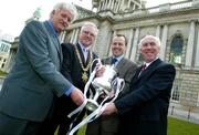 10 March 2005; Milo Corcoran, left, President of the Football Association of Ireland, Thomas Eakin, Lord Mayor of Belfast, Nial Cogley, Chief Executive of Setanta Sport, and David Chick, right, Chairman, Irish Premier League Northern Ireland at the launch of the 2005 Setanta Cup. Linenhall Library, Belfast. Picture credit; Oliver McVeigh / SPORTSFILE