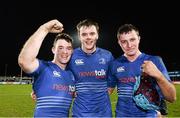 11 December 2013; Leinster Schools players from left Fergal Cleary, James Ryan and Wil Connors celebrate after the final whistle. Leinster Schools v Australia Schools, Donnybrook Stadium, Donnybrook, Dublin. Picture credit: Matt Browne / SPORTSFILE