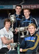 12 December 2013; Today Bord na Móna launched the O'Byrne, Walsh, and Kehoe cup competitions for 2014. In attendance at the Leinster launch are, from left, Paddy Brophy, Kildare footballer, Danny Sutcliffe, Dublin hurler, John McCaffrey, Dublin hurler, and Paddy Collum, Longford footballer. Leinster Launch of the 2014 Bord na Mona O’Byrne Cup, Walsh Cup, Kehoe Cup Competitions, Croke Park, Dublin. Picture credit: Barry Cregg / SPORTSFILE
