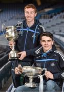 12 December 2013; Today Bord na Móna launched the O'Byrne, Walsh, and Kehoe cup competitions for 2014. In attendance at the Leinster launch are  Dublin, Dublin hurlers John McCaffrey, left, and Danny Sutcliffe with Kehoe and Walsh cups. Leinster Launch of the 2014 Bord na Mona O’Byrne Cup, Walsh Cup, Kehoe Cup Competitions, Croke Park, Dublin. Picture credit: Barry Cregg / SPORTSFILE