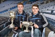 12 December 2013; Today Bord na Móna launched the O'Byrne, Walsh, and Kehoe cup competitions for 2014. In attendance at the Leinster launch are  Dublin, Dublin hurlers John McCaffrey, left, and Danny Sutcliffe with Kehoe and Walsh cups. Leinster Launch of the 2014 Bord na Mona O’Byrne Cup, Walsh Cup, Kehoe Cup Competitions, Croke Park, Dublin. Picture credit: Barry Cregg / SPORTSFILE