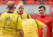 12 December 2013; Munster captain Peter O'Mahony, right, and Paul O'Connell, left, listen to team-mate BJ Botha during squad training ahead of their Heineken Cup 2013/14, Pool 6, Round 4, game against Perpignan on Saturday. Munster Rugby Squad Training, Thomond Park, Limerick. Picture credit: Diarmuid Greene / SPORTSFILE