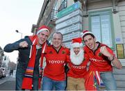 13 December 2013; Munster supporters, from left, Darren Nolan, from Clonmel, Co. Tipperary, Ciaran Clancy, from Leitrim, Eoghan Twohig, from Clonmel, Co. Tipperary, and James Howard, from Kilkee, Co. Clare, in Perpignan ahead of the Heineken Cup 2013/14, Pool 6, Round 4, game against Perpignan on Saturday. Perpignan, France. Picture credit: Diarmuid Greene / SPORTSFILE
