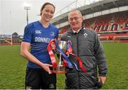 14 December 2013; Leinster captain Marie Louise Reilly receives the cup from Martin O'Sullivan, Junior Vice-President of the IRFU, after the game. Women's Interprovincial, Munster v Leinster, Thomond Park, Limerick. Picture credit: Barry Cregg / SPORTSFILE