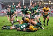 14 December 2013; Lorcan Dow, Ireland, scores the sides first try of the game. Representative Match, Ireland U19 v Australia Schools. Ravenhill Park, Belfast, Co. Antrim. Picture credit: Ramsey Cardy / SPORTSFILE