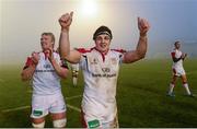 14 December 2013; Sean Doyle, Ulster, centre, and Mike McComish celebrates after the game. Heineken Cup 2013/14, Pool 5, Round 4, Benetton Treviso v Ulster. Stadio Comunale di Monigo, Treviso, Italy. Picture credit: Oliver McVeigh / SPORTSFILE