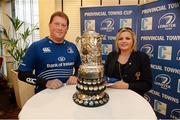 14 December 2013; Midland Warriors RFC President Joe Browne and Wexford Wanderers RFC President Debbie Carty at the 89th Provincial Towns Cup draw sponsored by Cleaning Contractors. Ballsbridge Hotel, Dublin. Picture credit: Stephen McCarthy / SPORTSFILE