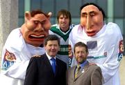 14 March 2005; Colm Parkinson, Portlaoise captain, with Billy Finn, left, AIB and Sean Kelly, President of the GAA and two of the AIB 'Giant Fans' at the announcement of AIB's 'Family Festival' plans for the finals in Croke Park on St. Patrick's Day. Ballsbridge, Dublin. Picture credit; Brendan Moran / SPORTSFILE