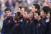 12 March 2005; French captain Fabien Pelous with his players during the national anthem. RBS Six Nations Championship 2005, Ireland v France, Lansdowne Road, Dublin. Picture credit; Damien Eagers / SPORTSFILE