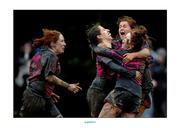 26 January 2013; Carlow players, from left, Ailbhe O'Nolan, Maureen Young, Regina Curran and Leona Kelly celebrate their side's victory. Leinster Women's Club Rugby League Division 2 Final, Carlow v Old Belvedere. Athy RFC, The Showgrounds, Athy, Co. Kildare. Picture credit: Stephen McCarthy / SPORTSFILE