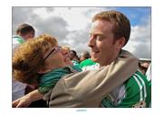 30 June 2013; Brian Collins, London, celebrates victory with his mother Kathryn after the game. Connacht GAA Football Senior Championship, Semi-Final Replay, Leitrim v London, Hyde Park, Roscommon. Picture credit: Barry Cregg / SPORTSFILE