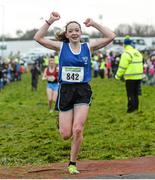 15 December 2013; Caoimhe Harrington, from West Muskerry Athletic Club, Co. Cork, celebrates after winning the Girls under-15 3500m at the Woodie’s DIY National Novice & Even Age Cross Country Championships. WIT Sports Campus, Carriganore, Co. Waterford. Picture credit: Matt Browne / SPORTSFILE