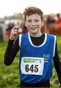 15 December 2013; Finn Looney, from Emerald Athletic Club, Co. Limerick, celebrates with his medal after winning the Boys under-13 2500m at the Woodie’s DIY National Novice & Even Age Cross Country Championships. WIT Sports Campus, Carriganore, Co. Waterford. Picture credit: Matt Browne / SPORTSFILE