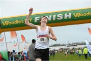 15 December 2013; Eoin McCann, from Beechmount Harriers Athletic Club, Belfast, celebrates after winning the Boys under-15 3500m at the Woodie’s DIY National Novice & Even Age Cross Country Championships. WIT Sports Campus, Carriganore, Co. Waterford. Picture credit: Matt Browne / SPORTSFILE