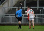 15 December 2013; Ethan Rafferty, Armagh, is shown a black card by referee Brendan Rice. O'Fiach Cup Final, Armagh v Derry, Crossmaglen, Co. Armagh. Photo by Sportsfile