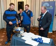 14 December 2013; Leinster's Sean O'Brien, left, and Fergus McFadden conduct the 89th Provincial Towns Cup draw sponsored by Cleaning Contractors in the company of Dermot O'Mahony, Leinster Rugby Domestic Games Administrator. Ballsbridge Hotel, Dublin. Picture credit: Stephen McCarthy / SPORTSFILE